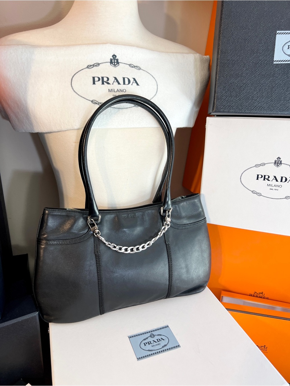 Prada🌟Black Smooth Leather and silver hardware Shoulder Bag! Offers welcome! - Picture 8 of 16